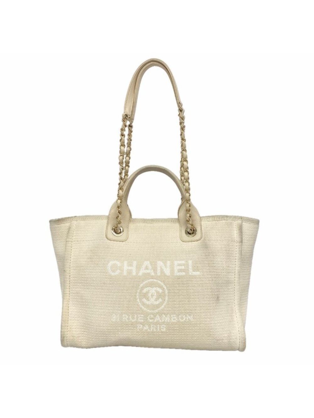 Chanel Chain Tote Bag Deauville Canvas White Champagne Gold 2-Way